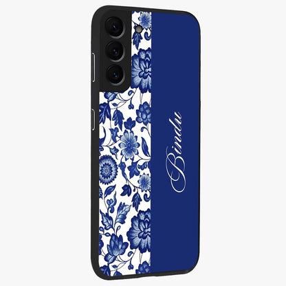 Blue Vintage Floral Pattern Glass Case upright view showcasing delicate blush floral texture with modern minimal style.