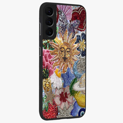Celestial Floral and Playful Glass Case upright view showcasing whimsical floral artwork with cosmic aesthetic theme.