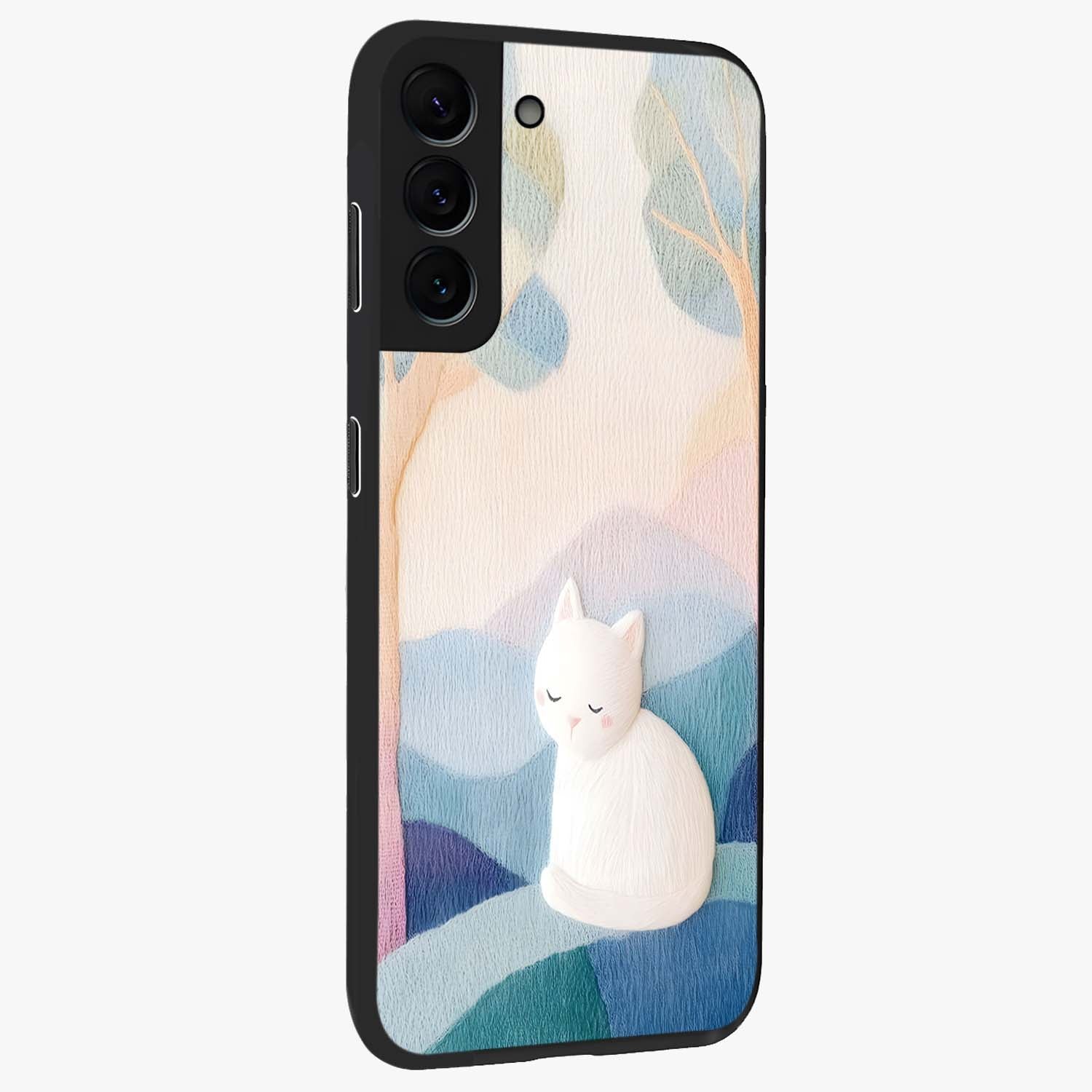 Cotton Dream Cat Glass Case upright view showcasing charming cat artwork with cozy dreamy theme.