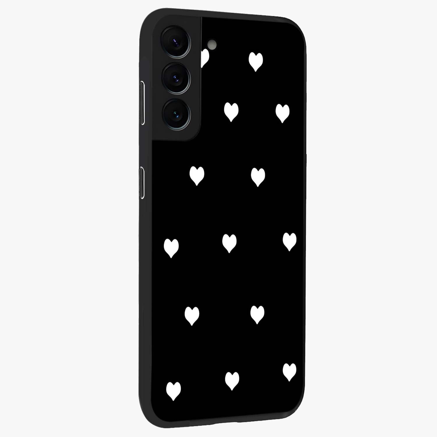 Cute And Simple White Hearts Glass Case upright view showcasing simple white hearts artwork with soft minimal theme.