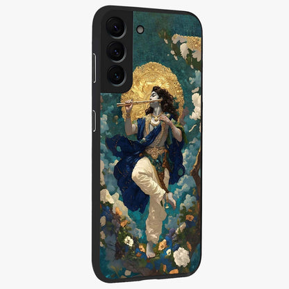 Divine Krishna Art Glass Case upright view showcasing divine Krishna artwork with sacred artistic theme.