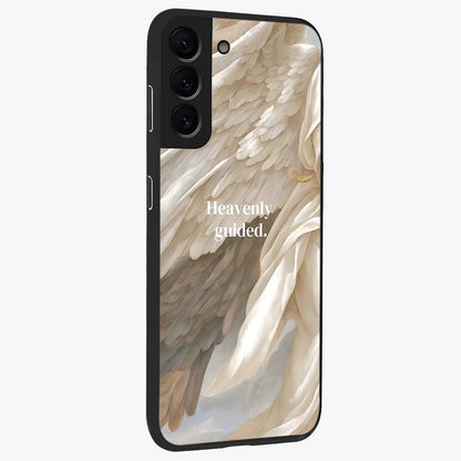 Divine Winged Grace Glass Case upright view showcasing spiritual wing artwork with soft celestial theme.
