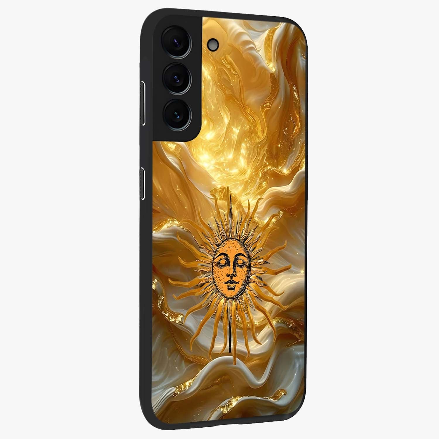 Eternal Golden Glow Glass Case upright view showcasing luminous golden artwork with luxurious visual theme.