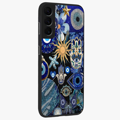 Evil Eye Charm Mix Glass Case upright view showcasing mystical evil eye pattern with vibrant decorative style.