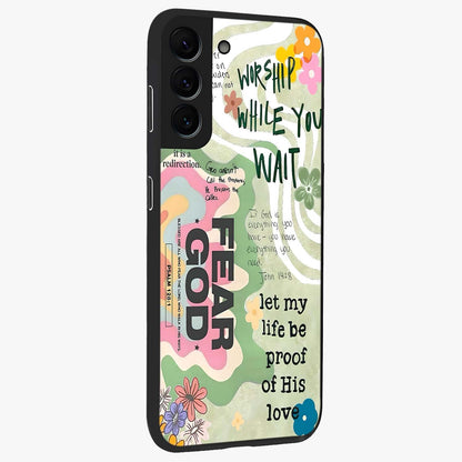 Faith Over Fear Glass Case upright view showcasing bold typography artwork with uplifting motivational theme.