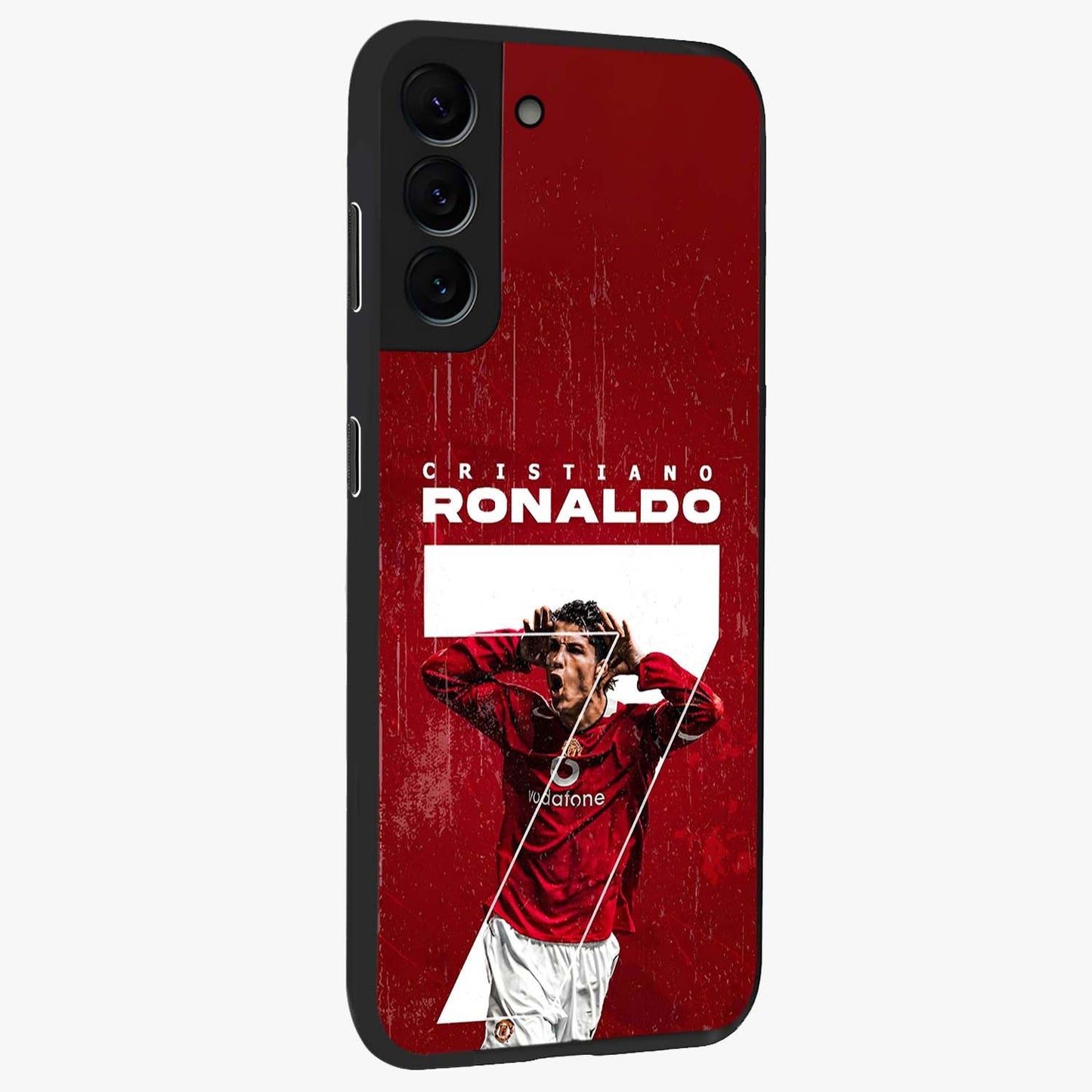 Goal Celebration Legacy Glass Case upright view showcasing dynamic football inspired artwork with victory celebration aesthetic.