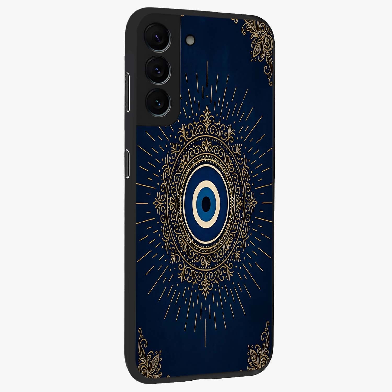 Golden Celestial Charm Glass Case upright view showcasing radiant celestial artwork with elegant golden theme.