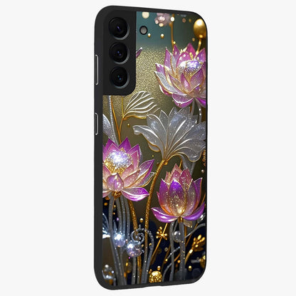 Golden Floral Majesty Glass Case upright view showcasing majestic floral artwork with rich decorative theme.