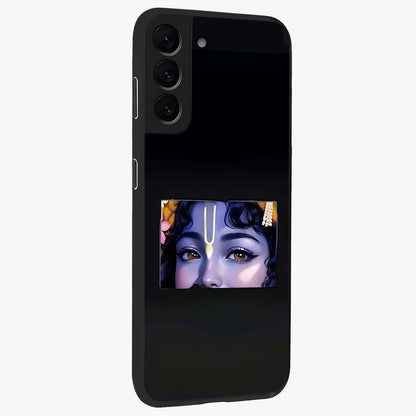 Krishna Divine Embrace Glass Case upright view showcasing sacred Krishna artwork with peaceful devotional theme.