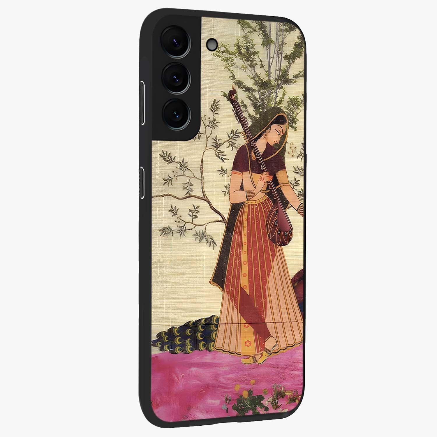 Lady With Veena Art Glass Case upright view showcasing classical veena artwork with traditional artistic theme.