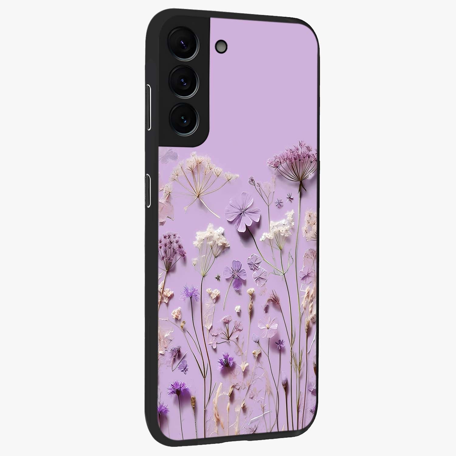 Lavender Blossom Dream Glass Case upright view showcasing delicate lavender blossom artwork with peaceful floral theme.