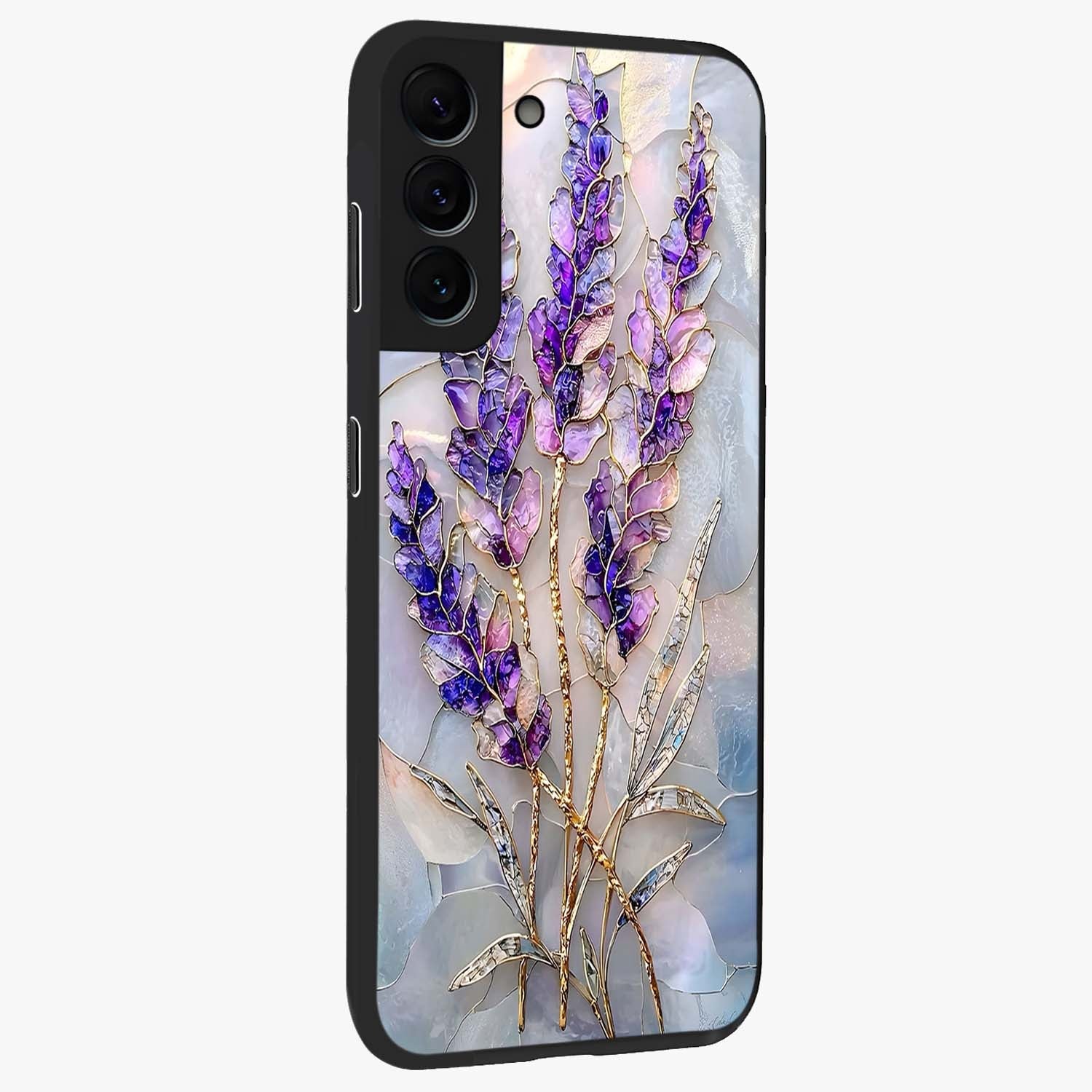 Lavender Dream Glow Glass Case upright view showcasing radiant lavender glow artwork with calming dreamy theme.
