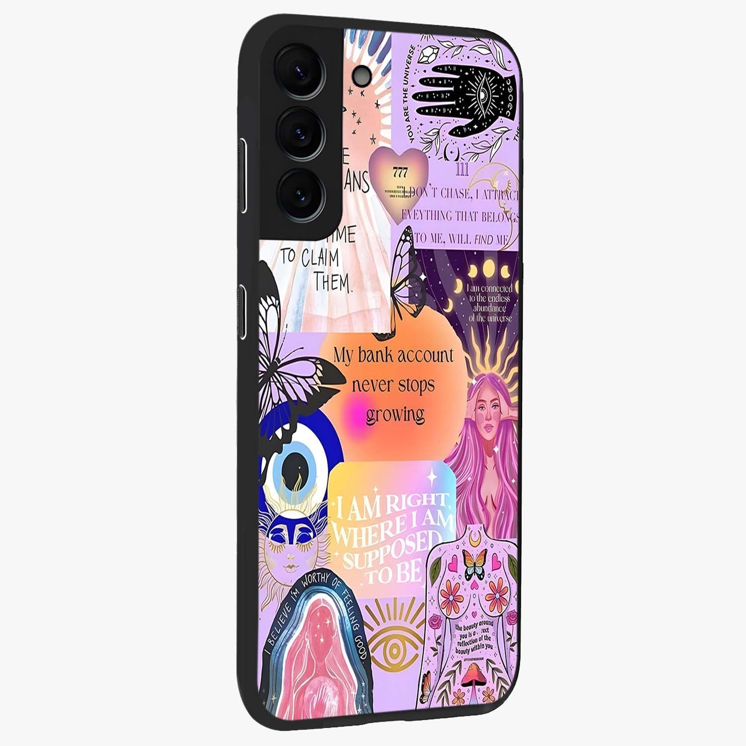 Manifestation Collage Glass Case upright view showcasing artistic manifestation themed artwork with creative style.