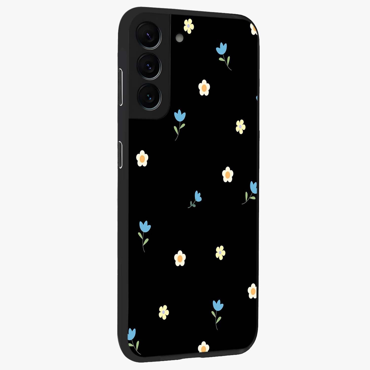 Minimal Petal Whispers Glass Case upright view showcasing elegant floral artwork with modern minimalist style.