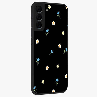 Minimal Petal Whispers Glass Case upright view showcasing elegant floral artwork with modern minimalist style.