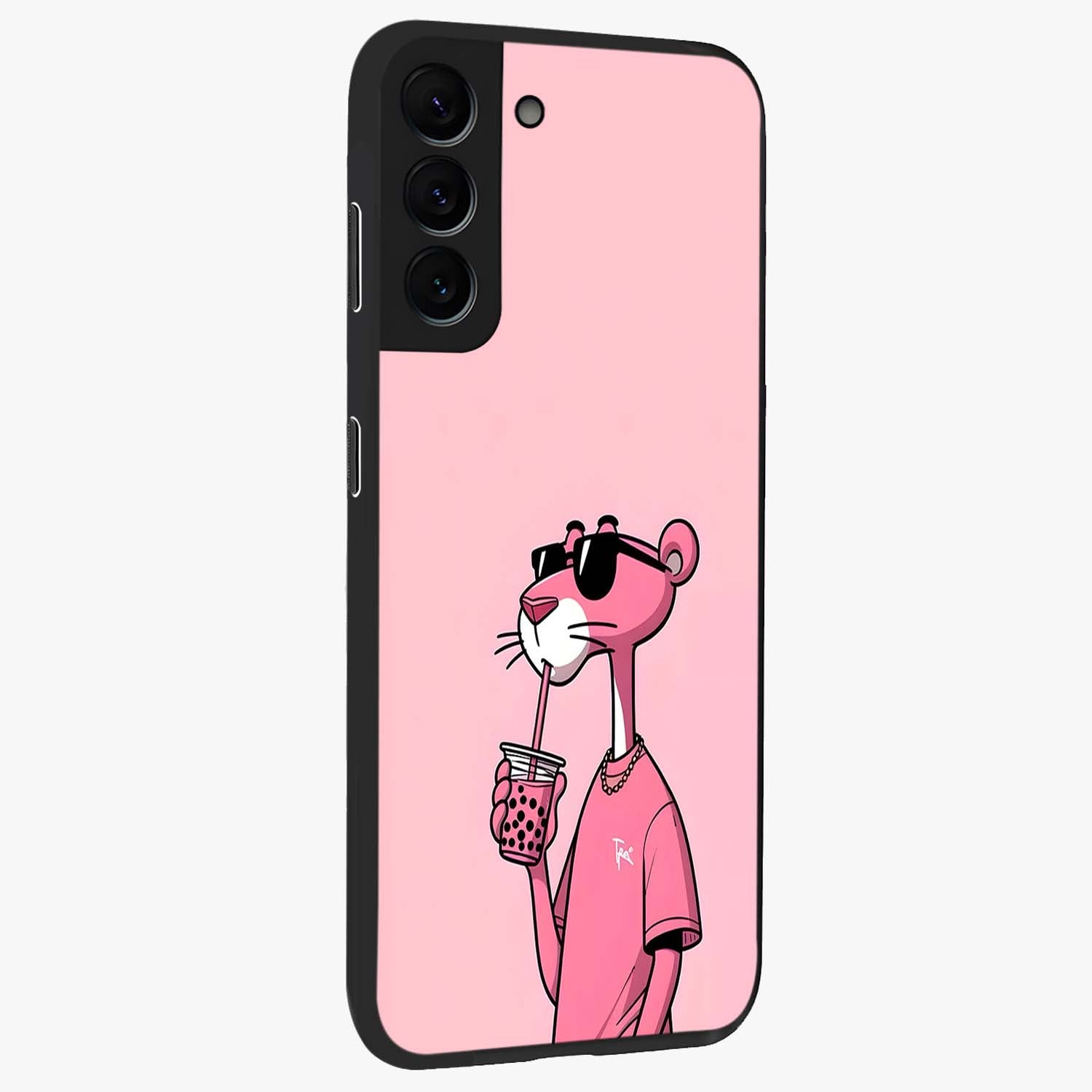 Pink Panther Glass Case upright view showcasing fun animated artwork with stylish retro cartoon theme.