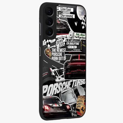 Porsche Racing Collage Glass Case upright view showcasing energetic car collage artwork with high speed racing theme.