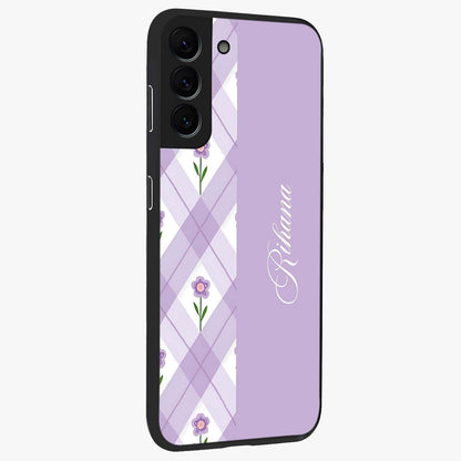 Purple Diamond Floral Glass Case upright view showcasing vibrant floral artwork with stylish geometric theme.