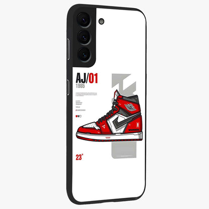 Retro Sneaker Blueprint Glass Case upright view showcasing stylish sneaker illustration with vintage streetwear theme.