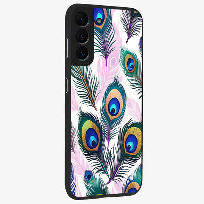 Royal Peacock Feathers Glass Case upright view showcasing elegant peacock feather artwork with decorative royal theme.