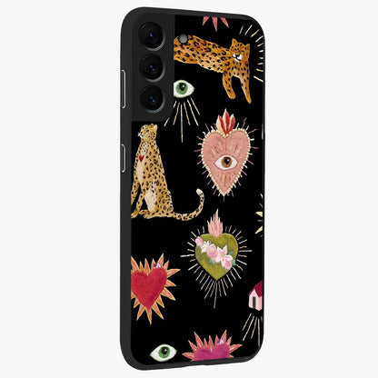 Sacred Jungle Heart Glass Case upright view showcasing vibrant jungle artwork with symbolic heart theme.