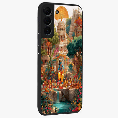 Sacred Sunlight Gods Glass Case upright view showcasing glowing divine artwork with sacred mythological theme.