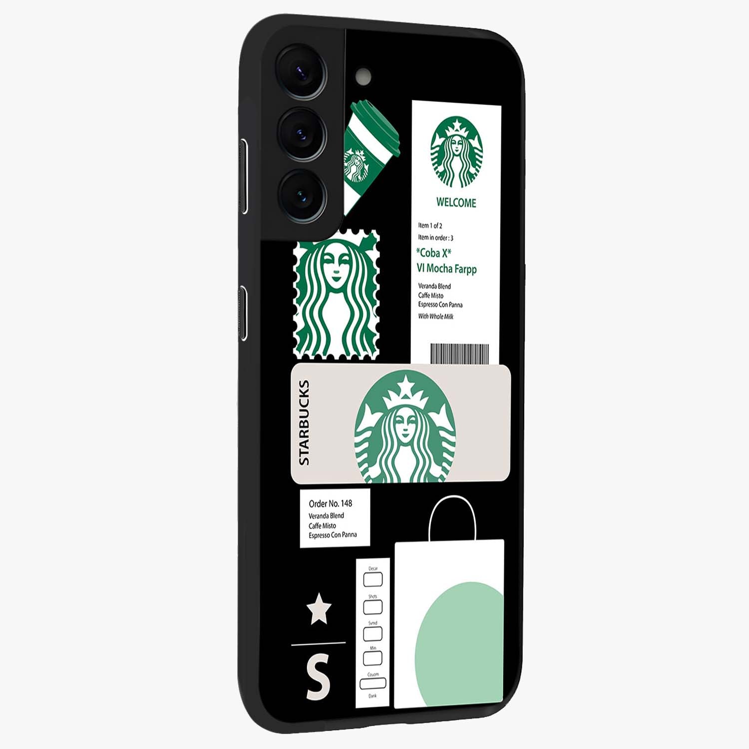 Starbucks Mocha Glass Case upright view showcasing trendy coffee inspired artwork with modern lifestyle theme.