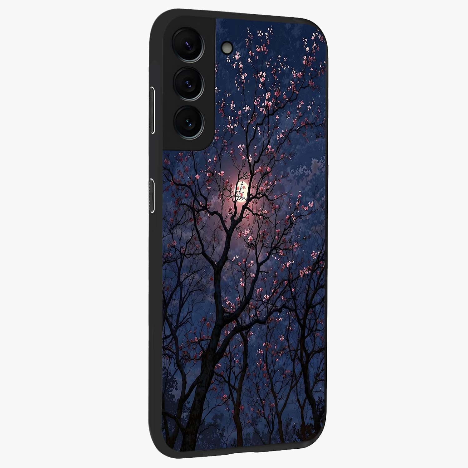 Twilight Sakura Serenade Glass Case upright view showcasing beautiful cherry blossom artwork with serene evening theme.