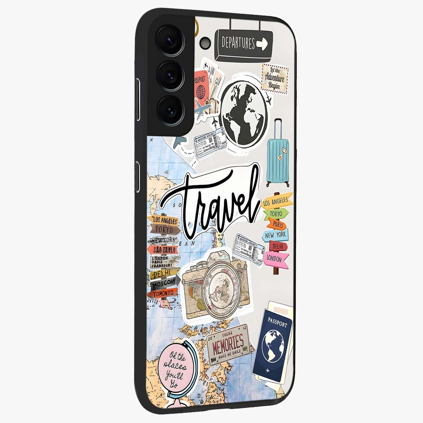 Wanderlust Journal Glass Case upright view showcasing wanderlust inspired artwork with creative exploration theme.