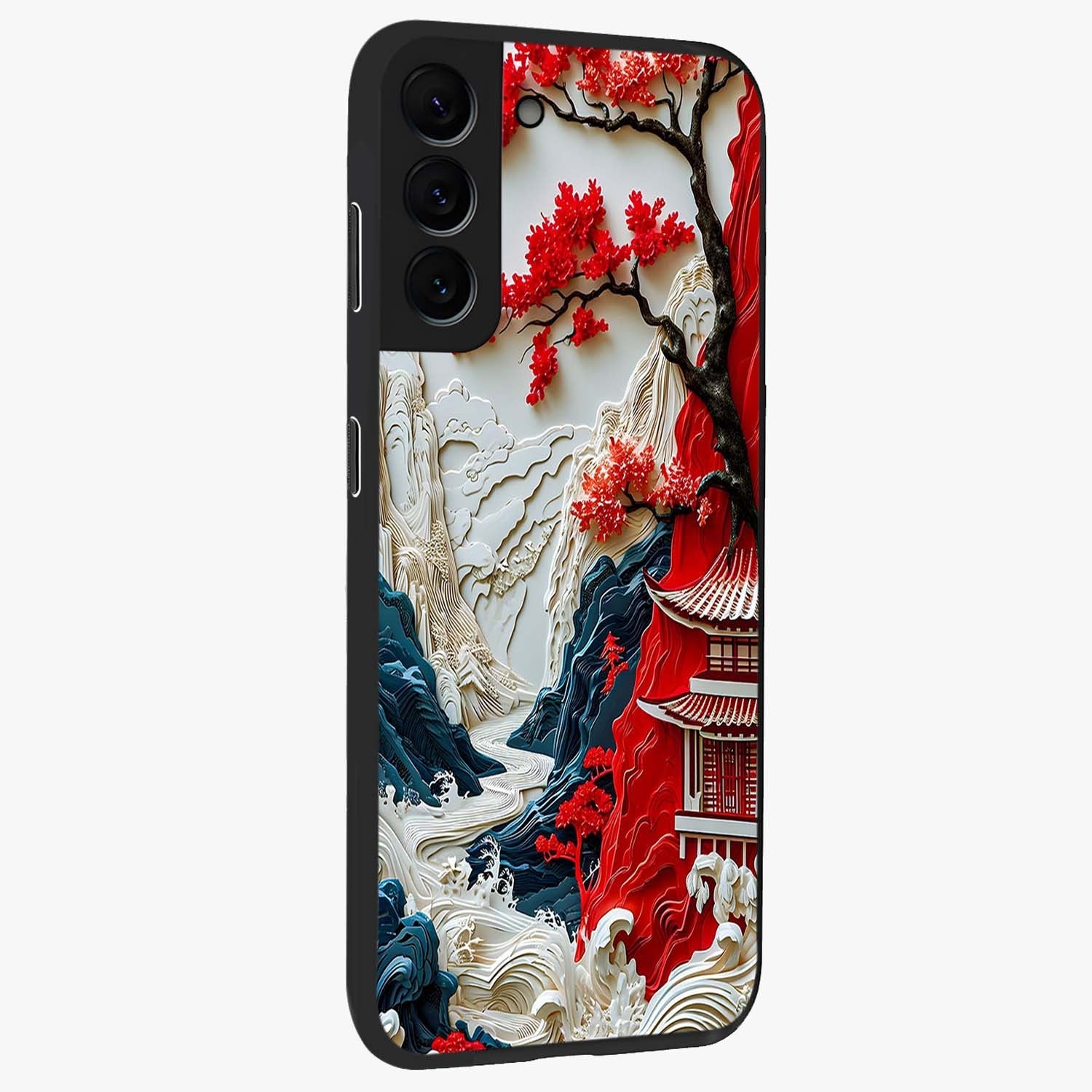 Whispers Of Sakura Waves Glass Case upright view showcasing delicate cherry blossom artwork with elegant nature theme.