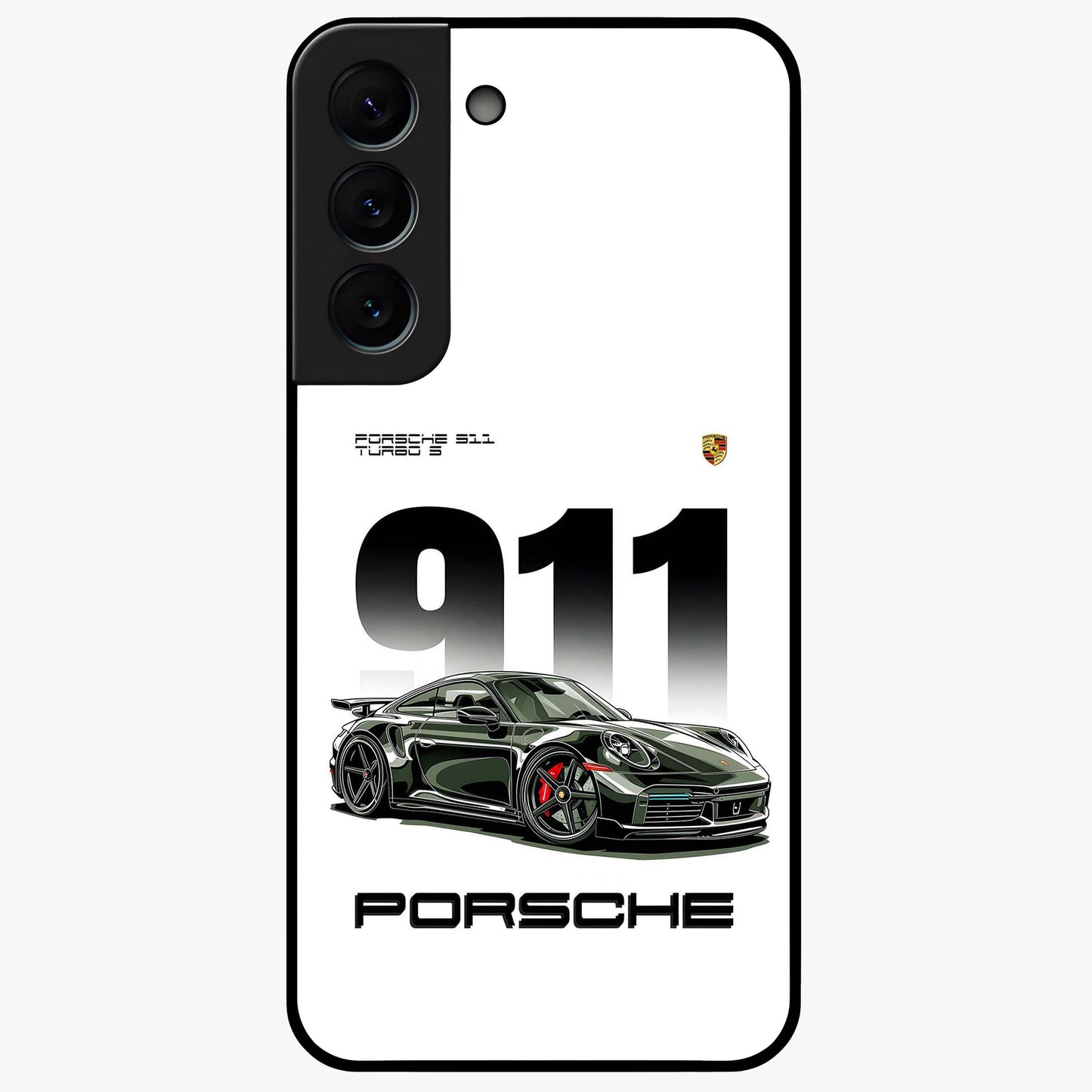 911 Turbo Dominance Glass Case showing clean flat back view with bold 911 sports car artwork and glossy glass finish.