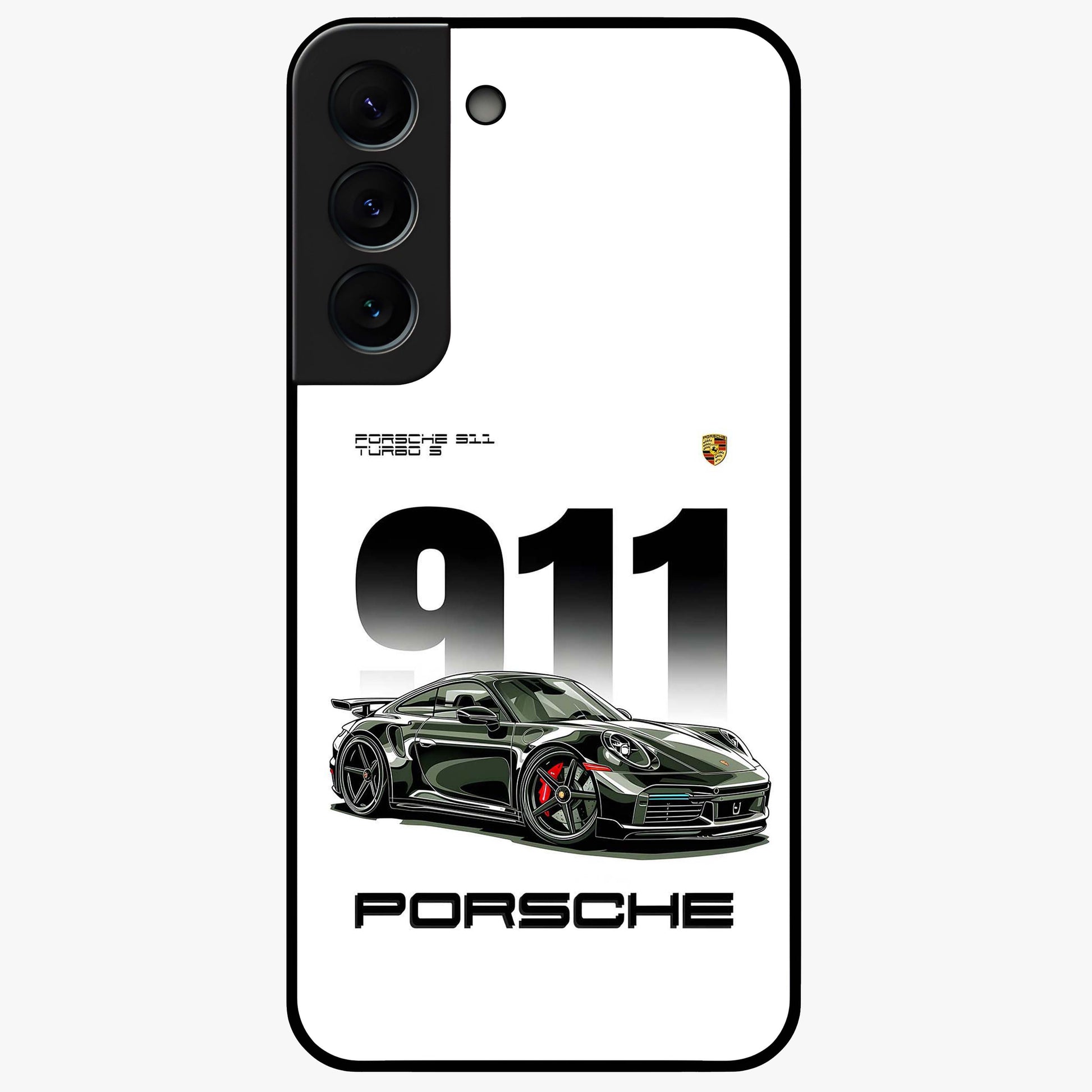 911 Turbo Dominance Glass Case showing clean flat back view with bold 911 sports car artwork and glossy glass finish.