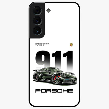 911 Turbo Dominance Glass Case showing clean flat back view with bold 911 sports car artwork and glossy glass finish.