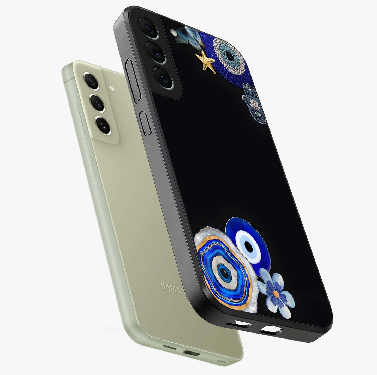 Aesthetic Blue Evil Eye Glass Case displayed in angled mockup highlighting blue evil eye symbol and spiritual aesthetic design.