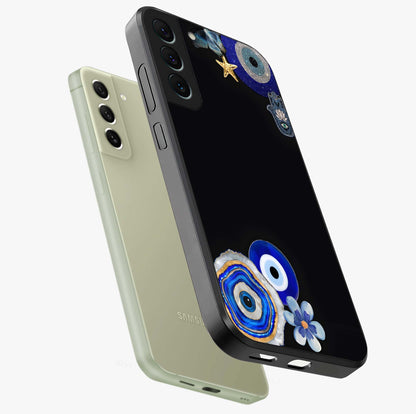 Aesthetic Blue Evil Eye Glass Case displayed in angled mockup highlighting blue evil eye symbol and spiritual aesthetic design.