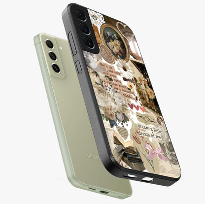 Aesthetic Brown Vintage Collage Glass Case displayed in angled mockup highlighting vintage aesthetic collage design.