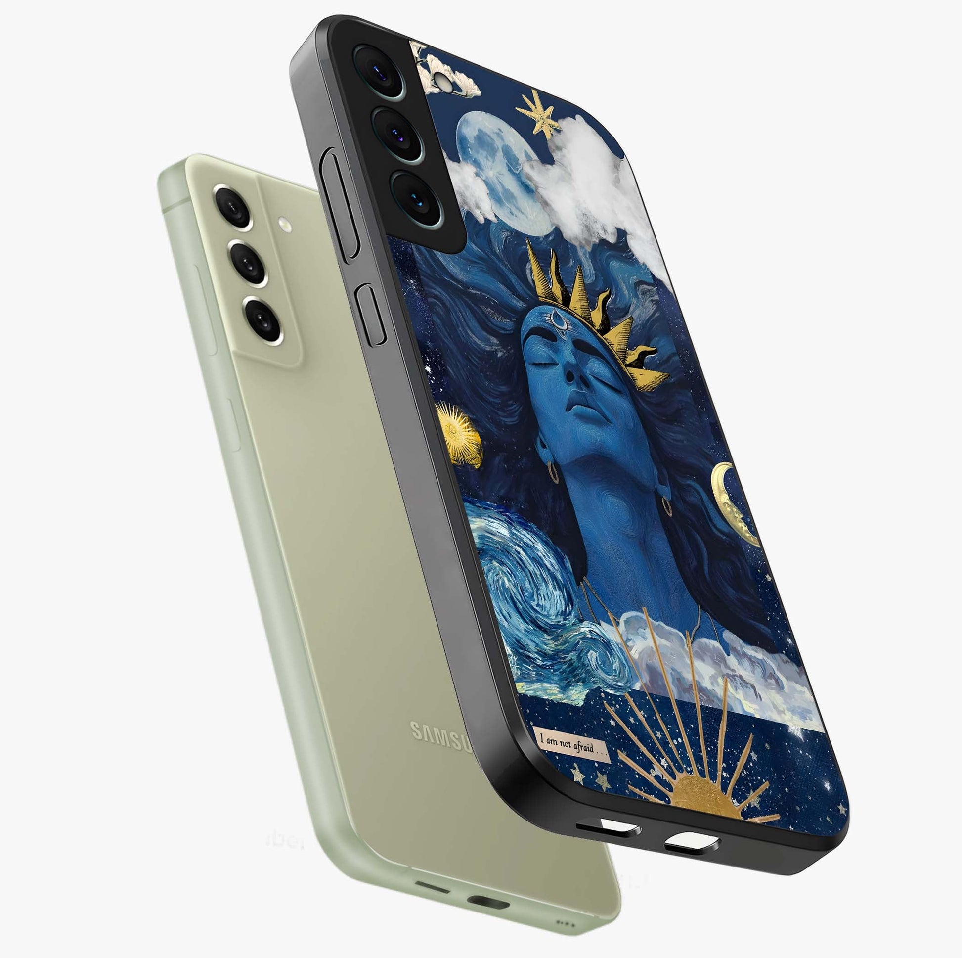Aesthetic Lord Shiva Glass Case displayed in angled mockup highlighting spiritual Shiva illustration and sacred aesthetic design.