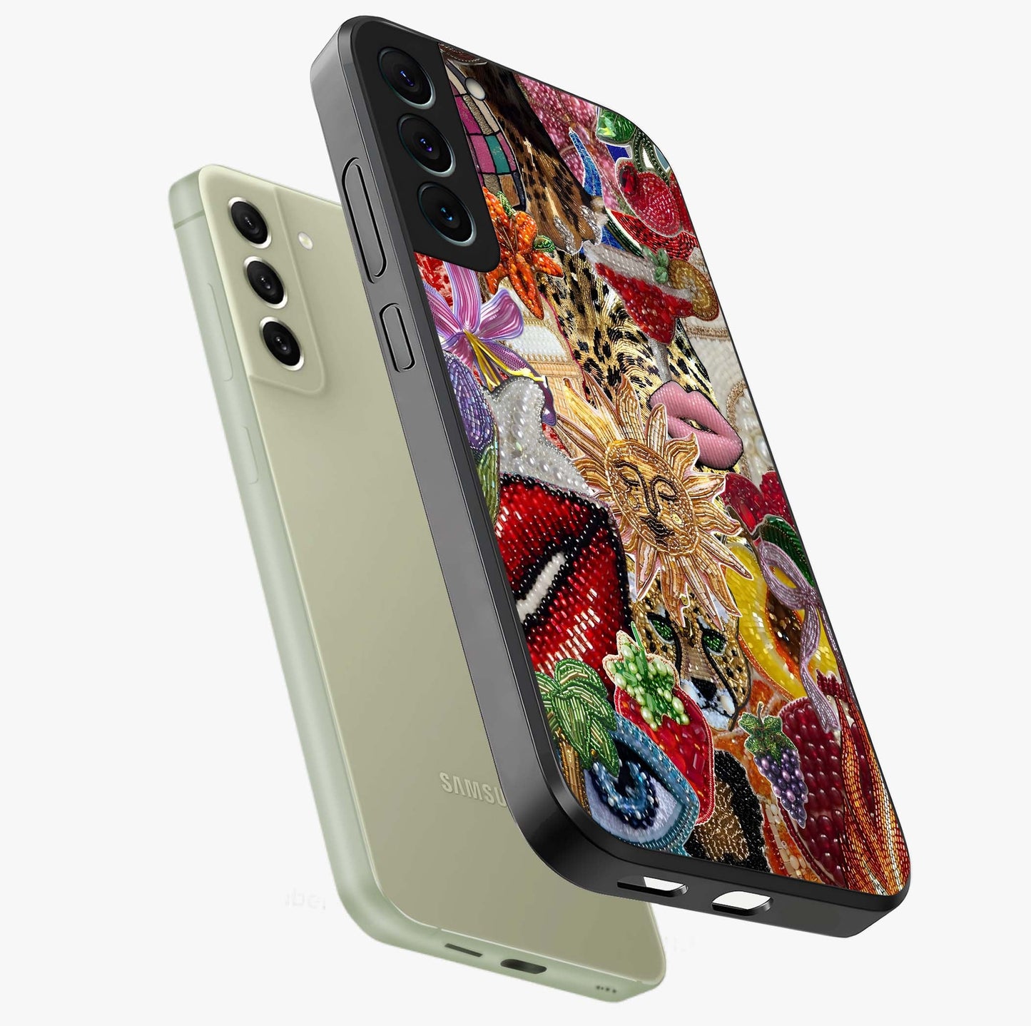 Beaded Fashion Jungle Glass Case displayed in angled mockup highlighting colorful fashion bead design and artistic pattern.