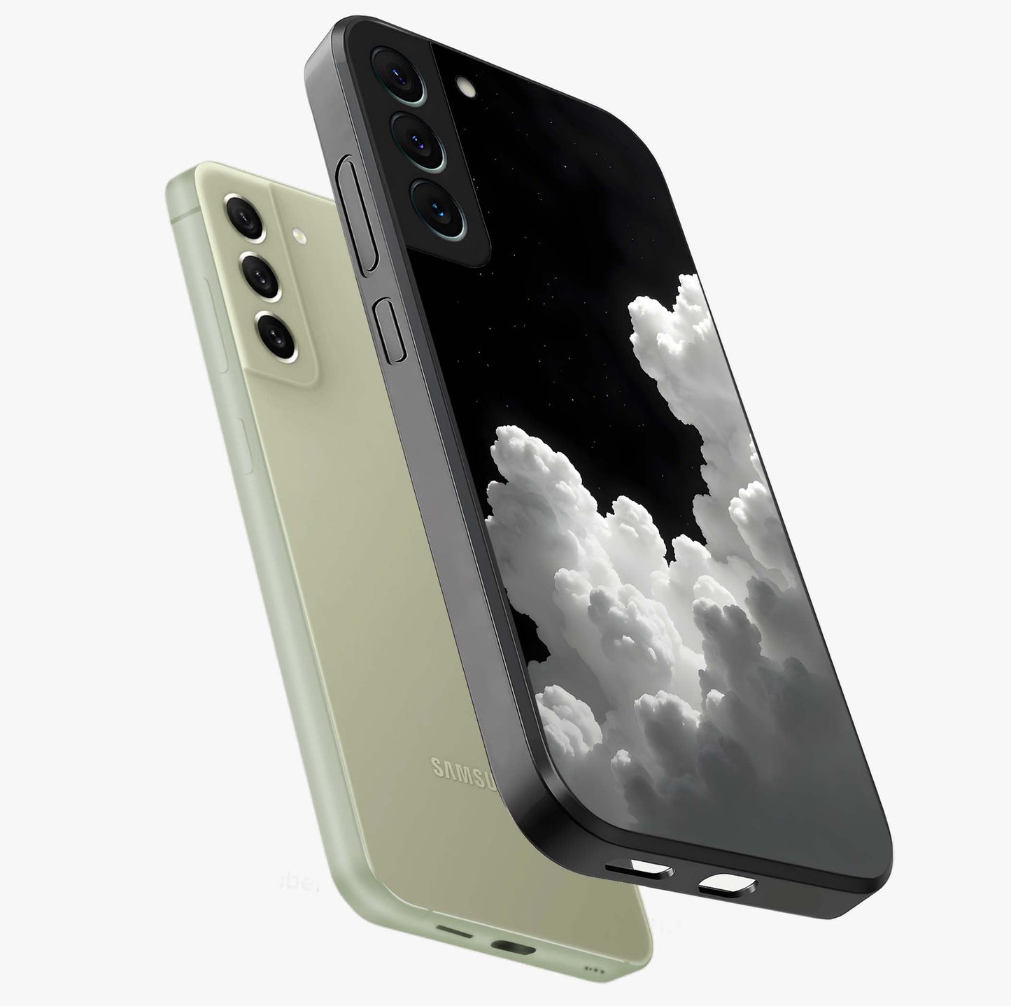 Black Background With White Cloud Glass Case displayed in angled mockup highlighting soft white cloud illustration and minimal design.