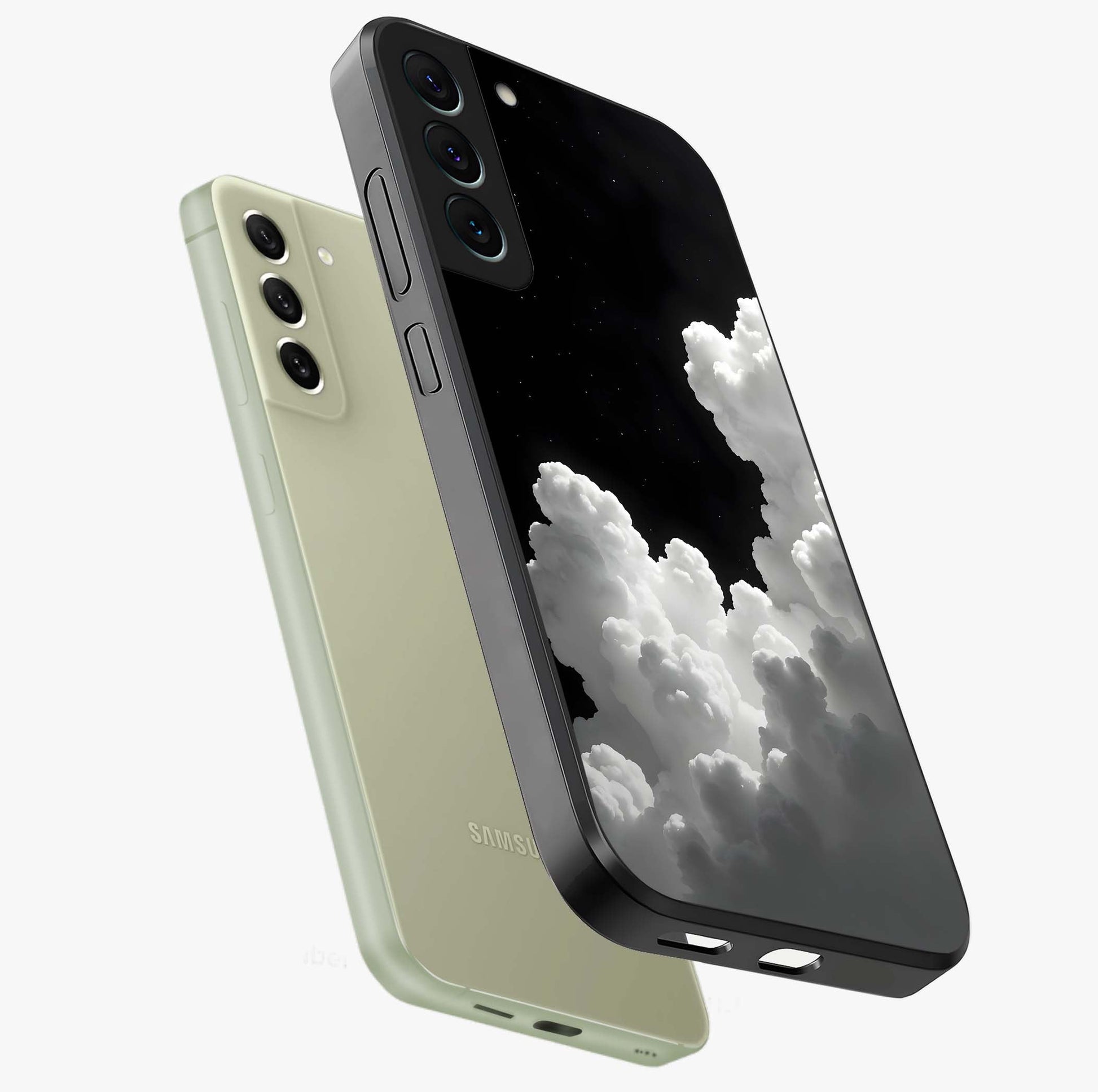 Black Background With White Cloud Glass Case displayed in angled mockup highlighting soft white cloud illustration and minimal design.