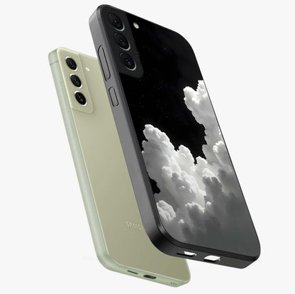 Black Background With White Cloud Glass Case displayed in angled mockup highlighting soft white cloud illustration and minimal design.