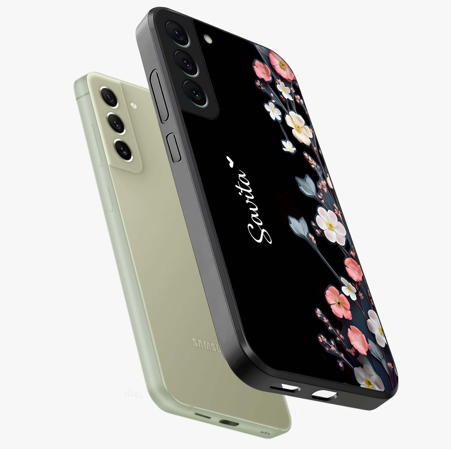 Black Elegance Floral Custom Name Glass Case displayed in angled mockup highlighting dark floral aesthetic and custom name feature.