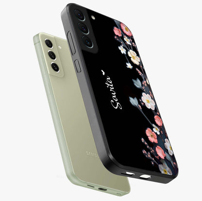 Black Elegance Floral Custom Name Glass Case displayed in angled mockup highlighting dark floral aesthetic and custom name feature.