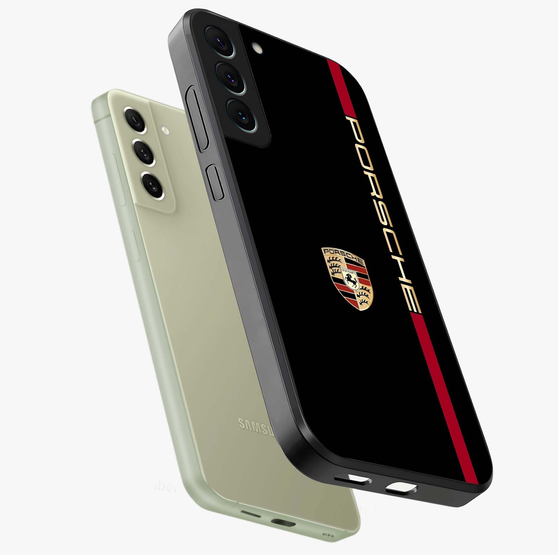 Black Minimal Porsche Glass Case displayed in angled mockup highlighting modern minimal car illustration and clean aesthetic design.