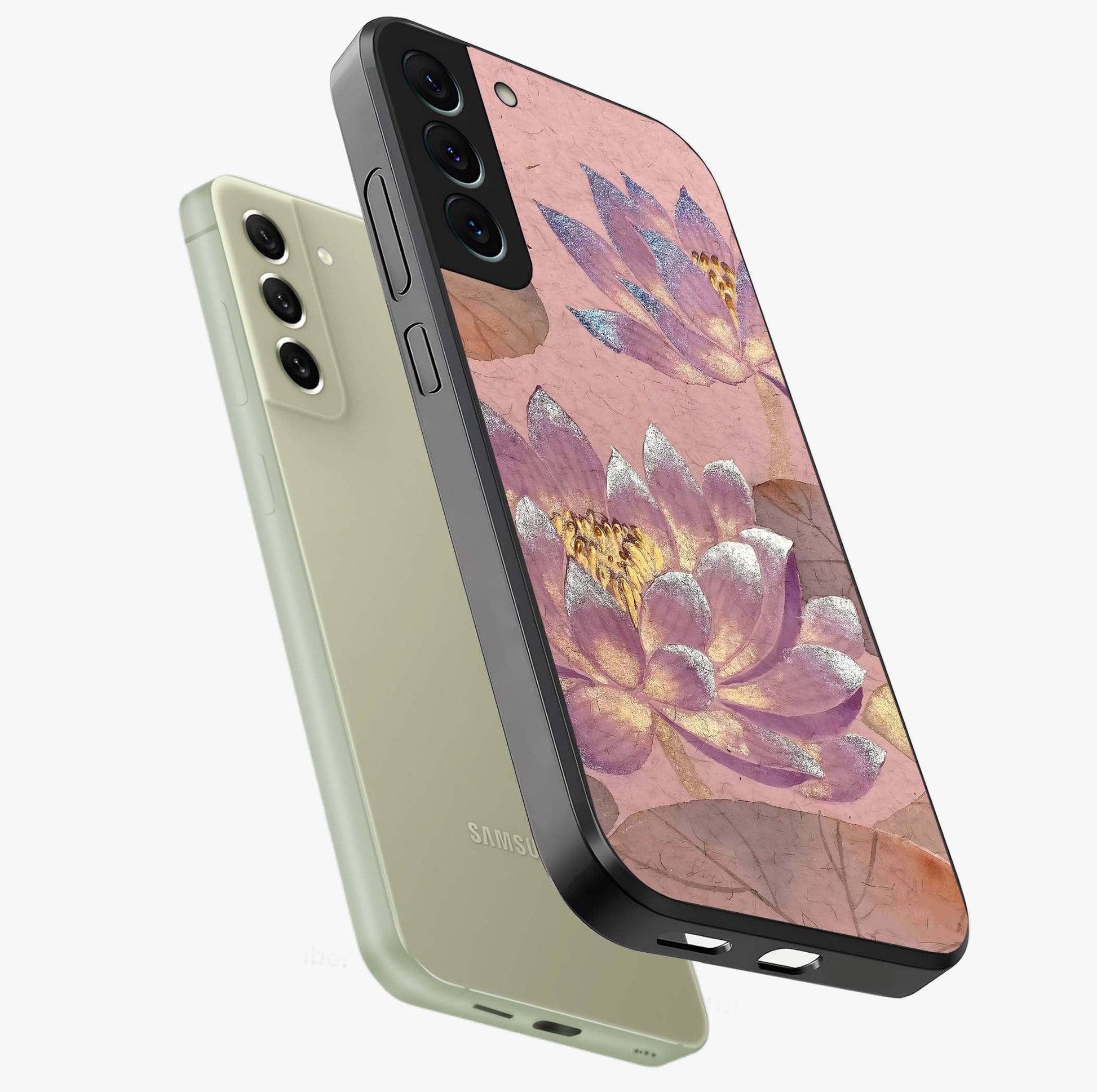 Blossom Mist Lotus Glass Case displayed in angled mockup highlighting delicate lotus illustration with calm aesthetic theme.