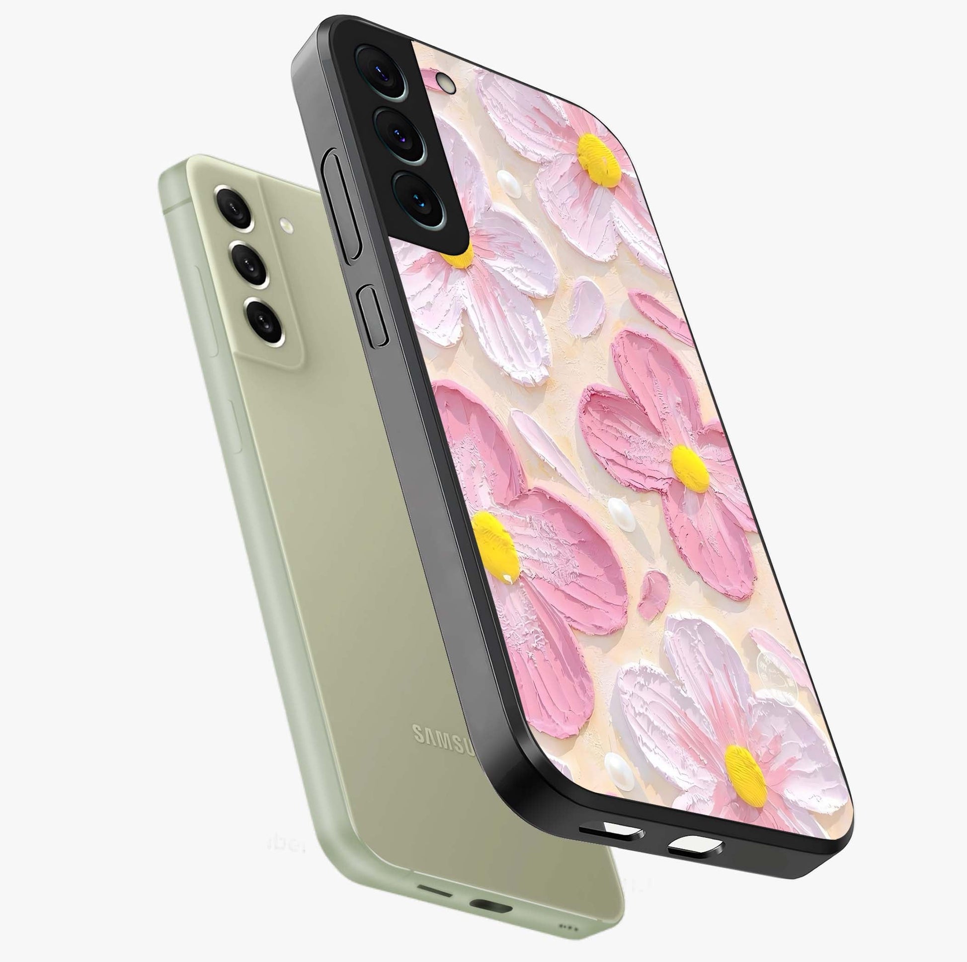 Blush Bloom Texture Glass Case displayed in angled mockup highlighting subtle bloom pattern with aesthetic pastel design.