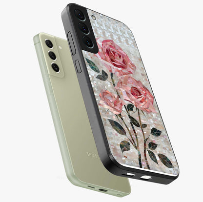 Blush Mosaic Bloom Glass Case displayed in angled mockup highlighting artistic mosaic flower pattern with aesthetic design.