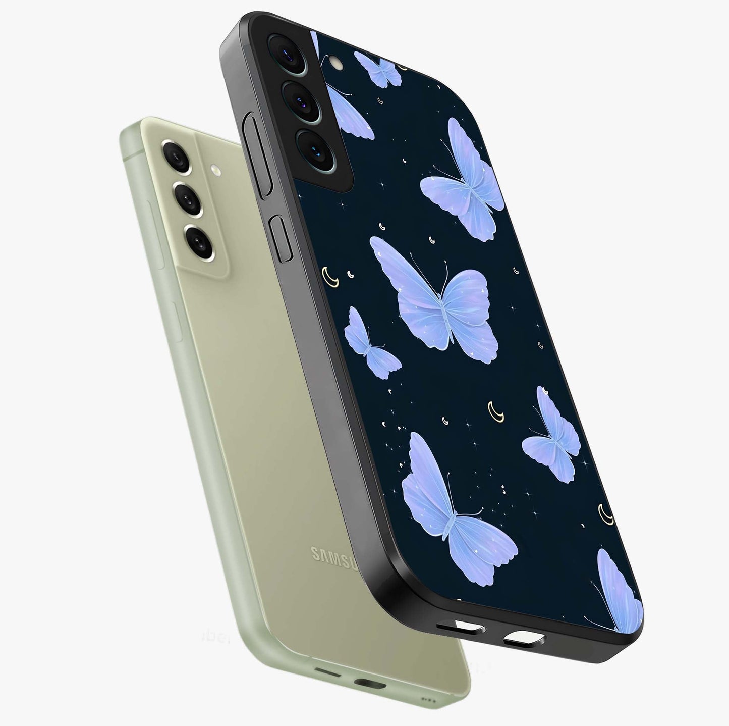 Butterfly With Stars Pattern Glass Case displayed in angled mockup highlighting dreamy butterfly and star design with aesthetic theme.