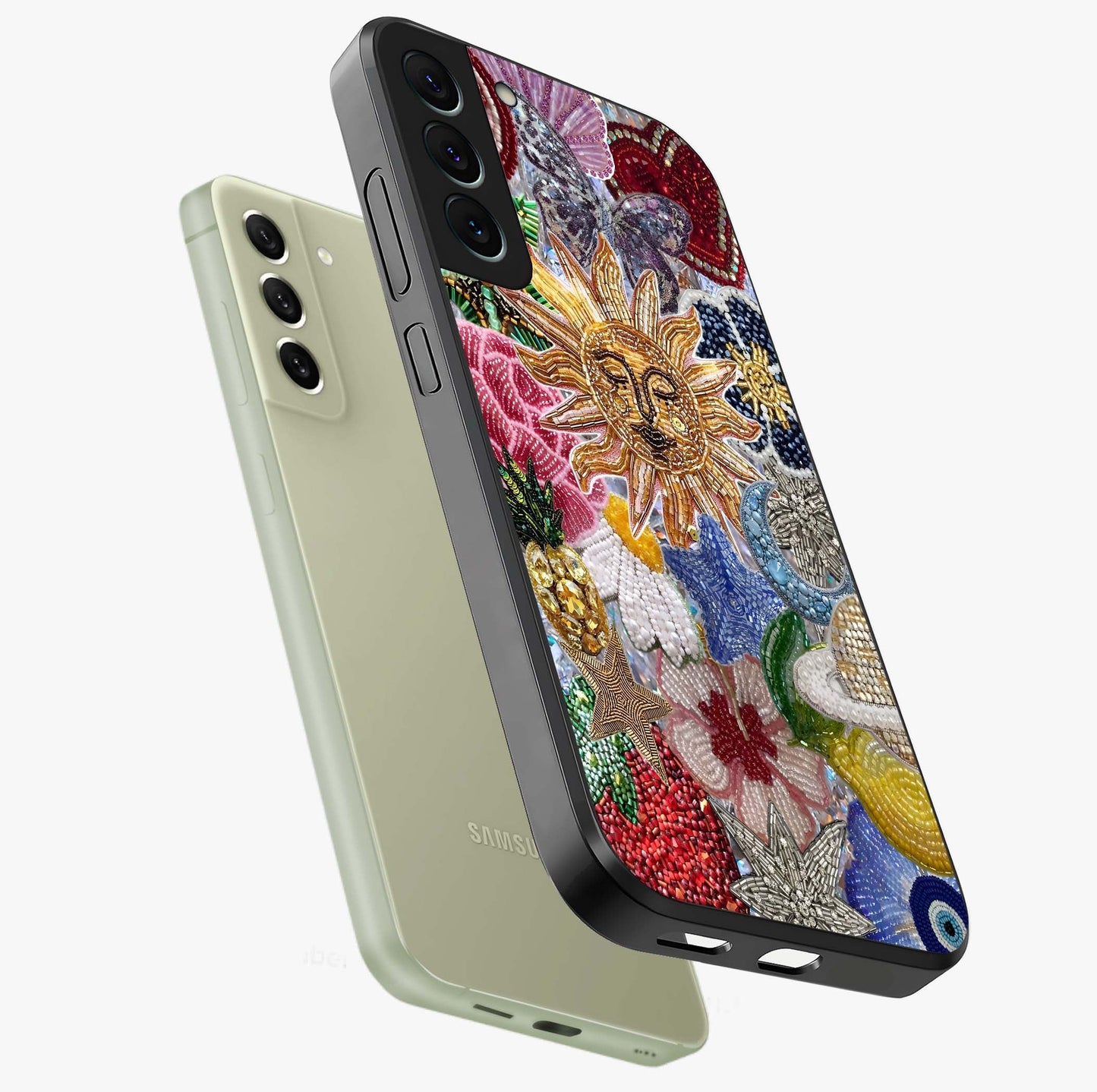 Celestial Floral and Playful Glass Case displayed in angled mockup highlighting playful floral design with dreamy celestial elements.