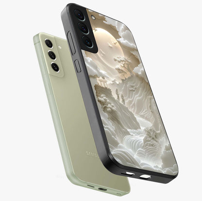 Celestial Origami Glass Case displayed in angled mockup highlighting geometric origami design with cosmic aesthetic theme.